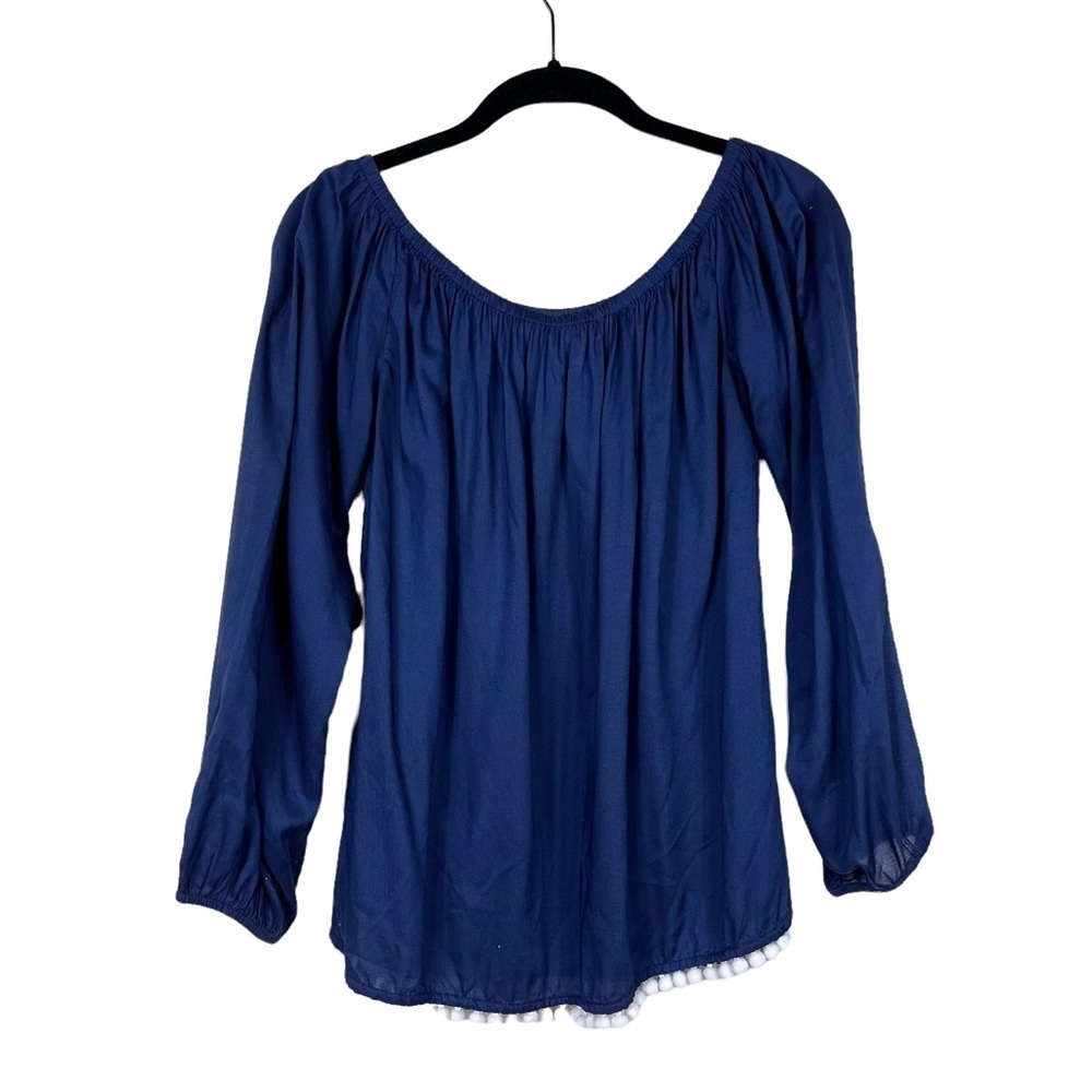 Lilly Pulitzer Enna Navy Blue Off Shoulder Pom Pom Hem Rayon Top 
Size S